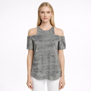 Laura Siegel Genuine Suede Cold Shoulder Short Sleeve Top XS Gray Unique Artsy